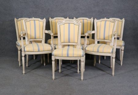 Louis XVI Style Dining Chairs: Distressed French Provincial Set of 8