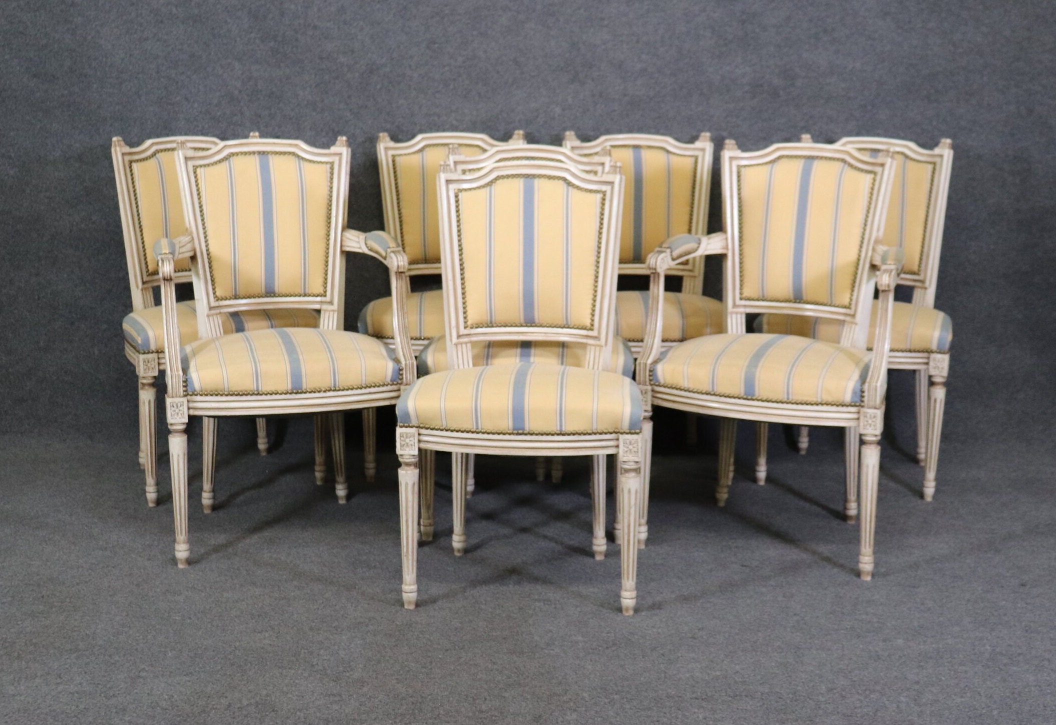 Louis XVI Style Dining Chairs: Distressed French Provincial Set of 8
