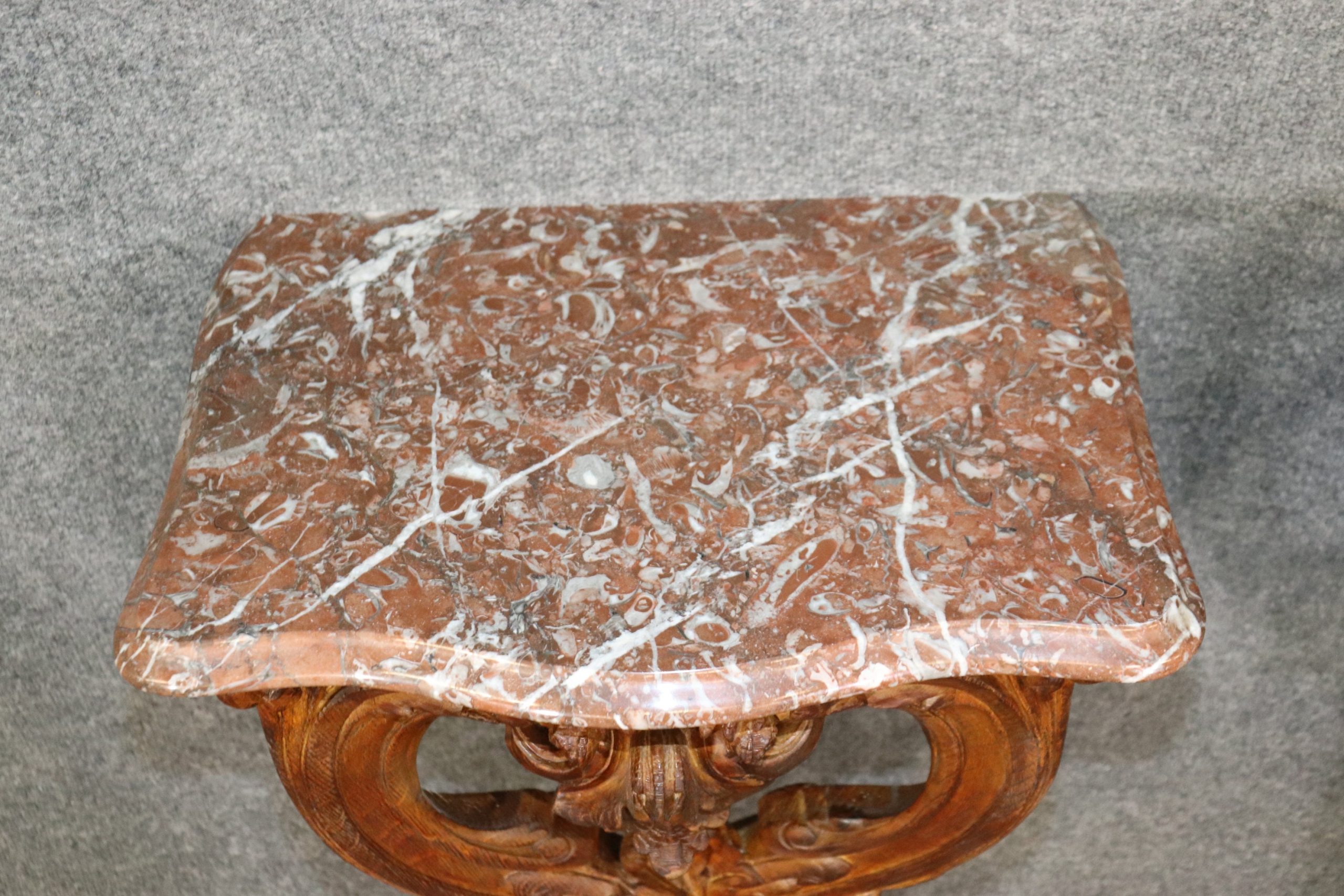 Pair of Signed Maison Jansen Oak Marble Top Wall Hanging Consoles, Antiques - Image 5