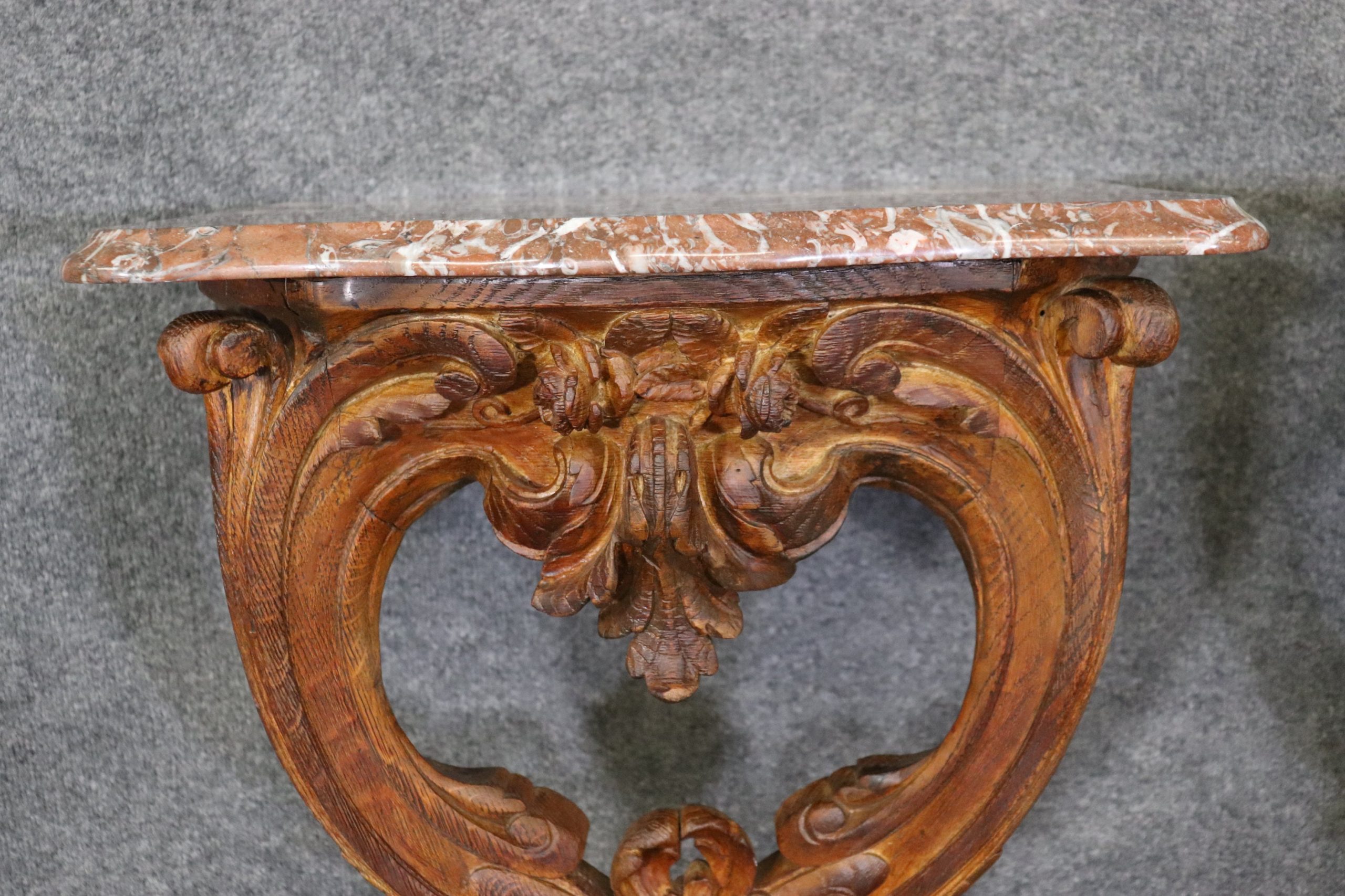 Pair of Signed Maison Jansen Oak Marble Top Wall Hanging Consoles, Antiques - Image 7