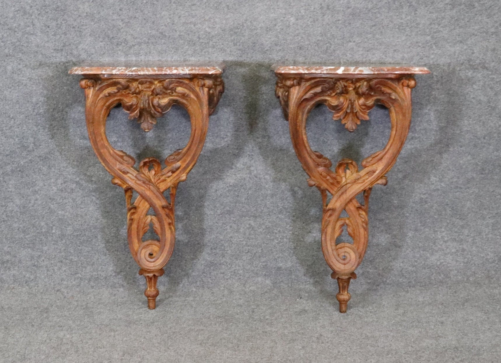 Pair of Signed Maison Jansen Oak Marble Top Wall Hanging Consoles, Antiques