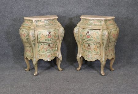 Pair of Late 18th Century Venetian Marble Top Paint Decorated Nightstands End Tables, Antique Furniture