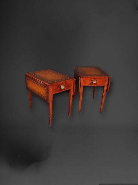 Pair of Sheraton Style Inlaid Mahogany Leather Top Pembroke Drop Leaf Tables End Tables, Antique Furniture