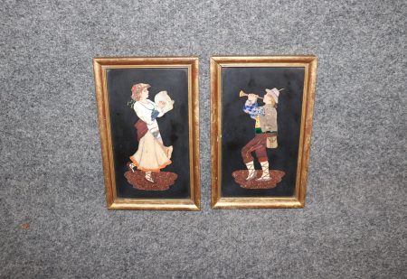 Vintage Italian Pietra Dura Plaques: Framed Stone Inlay Wall Art Pair