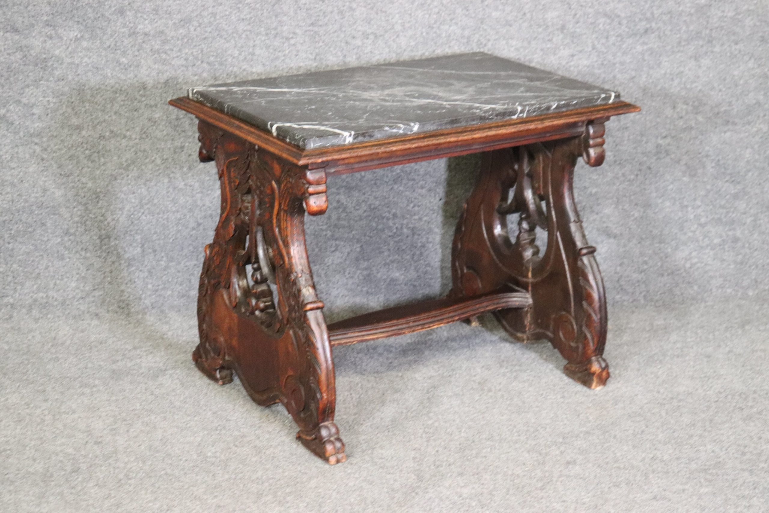 Belgian Antique 19th Century Marble Top Carved Accent Table, Coffee Table