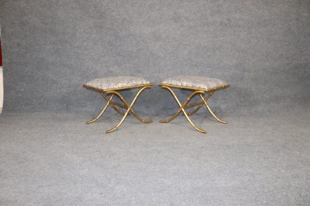 Pair of Mid Century Modern Bagues Style Metal Faux Bamboo Gold Gilt Upholstered Benches