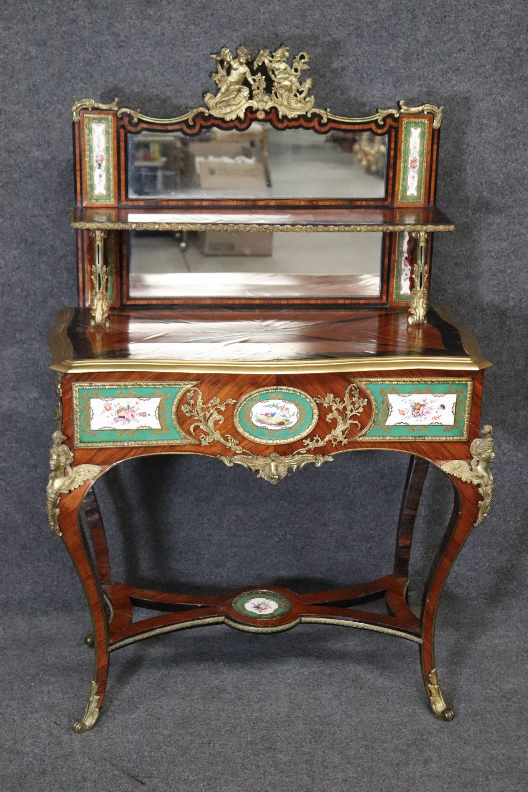 Antique 19th Century French Louis XV Style Bronze Mounted Vanity with Sevres Style Plaques, Antique Furniture - Image 3