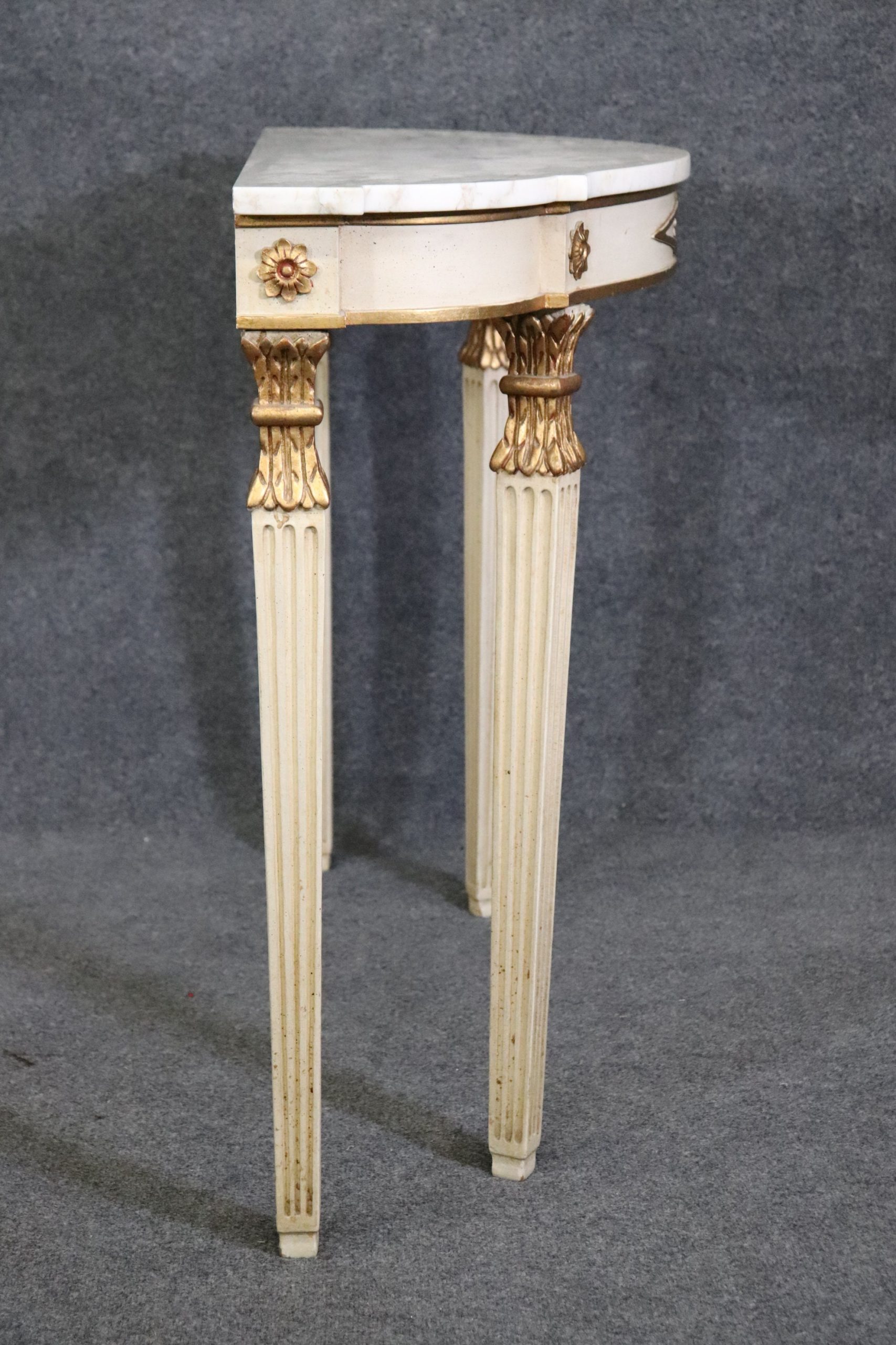 French Directoire Louis XVI Style White Paint Decorated Marble Top Demilune Console Table, Vintage - Image 5