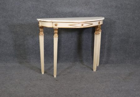 French Directoire Louis XVI Style White Paint Decorated Marble Top Demilune Console Table, Vintage