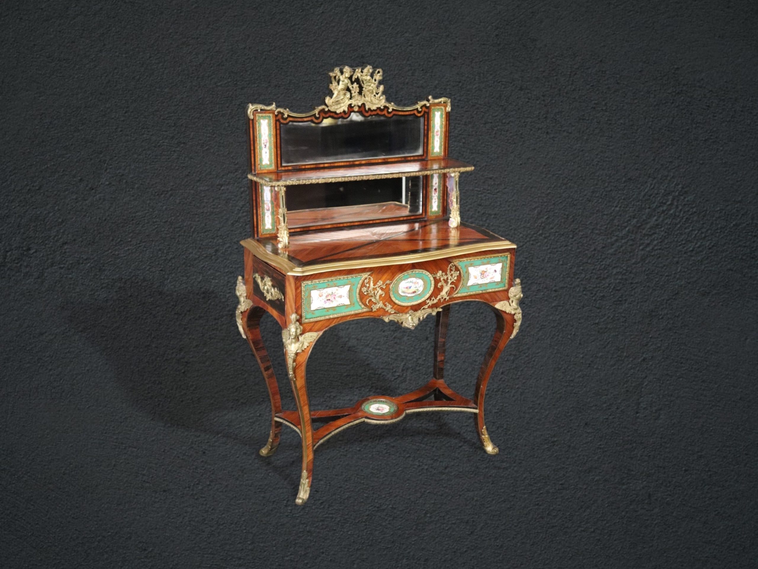 Antique 19th Century French Louis XV Style Bronze Mounted Vanity with Sevres Style Plaques, Antique Furniture