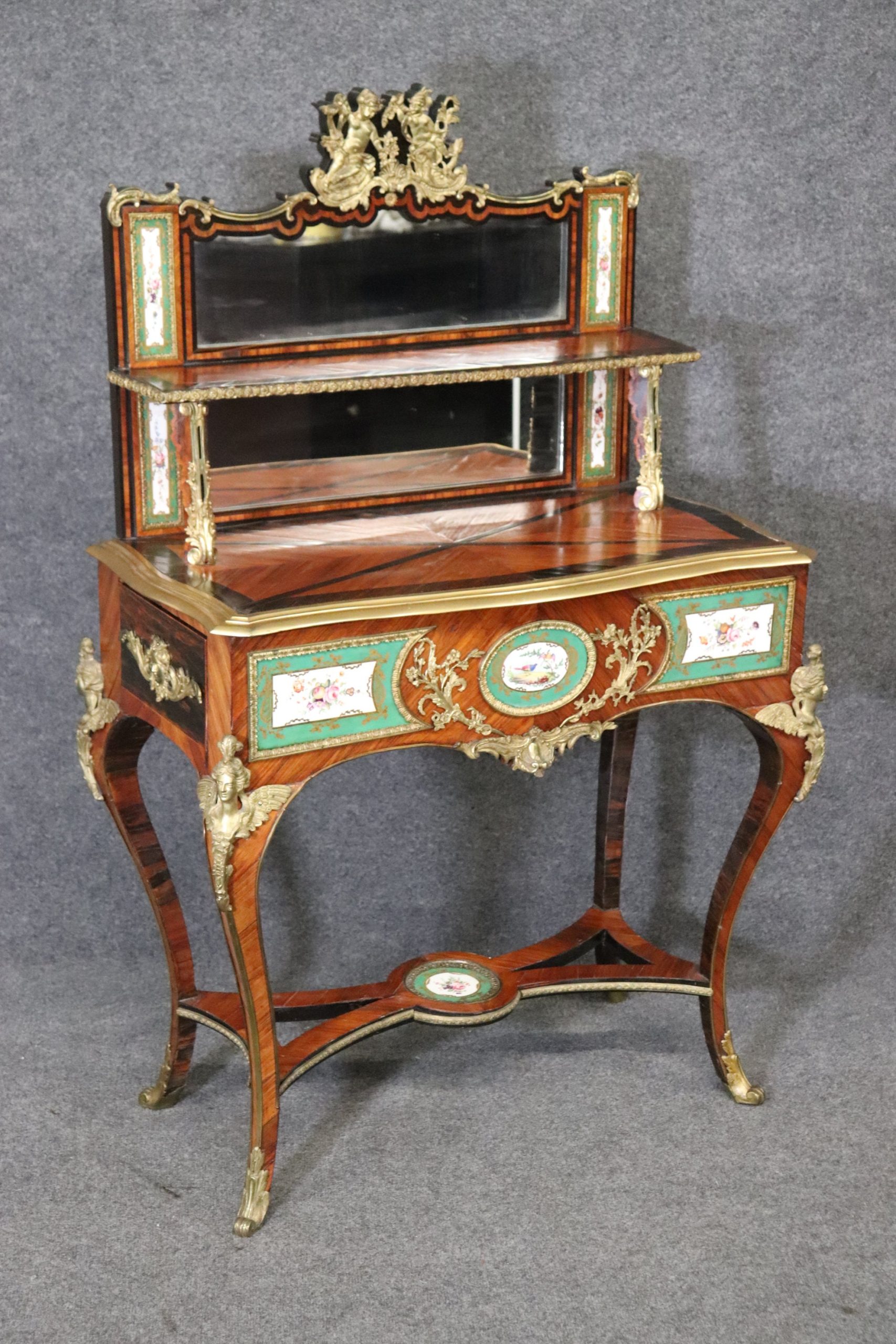 Antique 19th Century French Louis XV Style Bronze Mounted Vanity with Sevres Style Plaques, Antique Furniture - Image 2