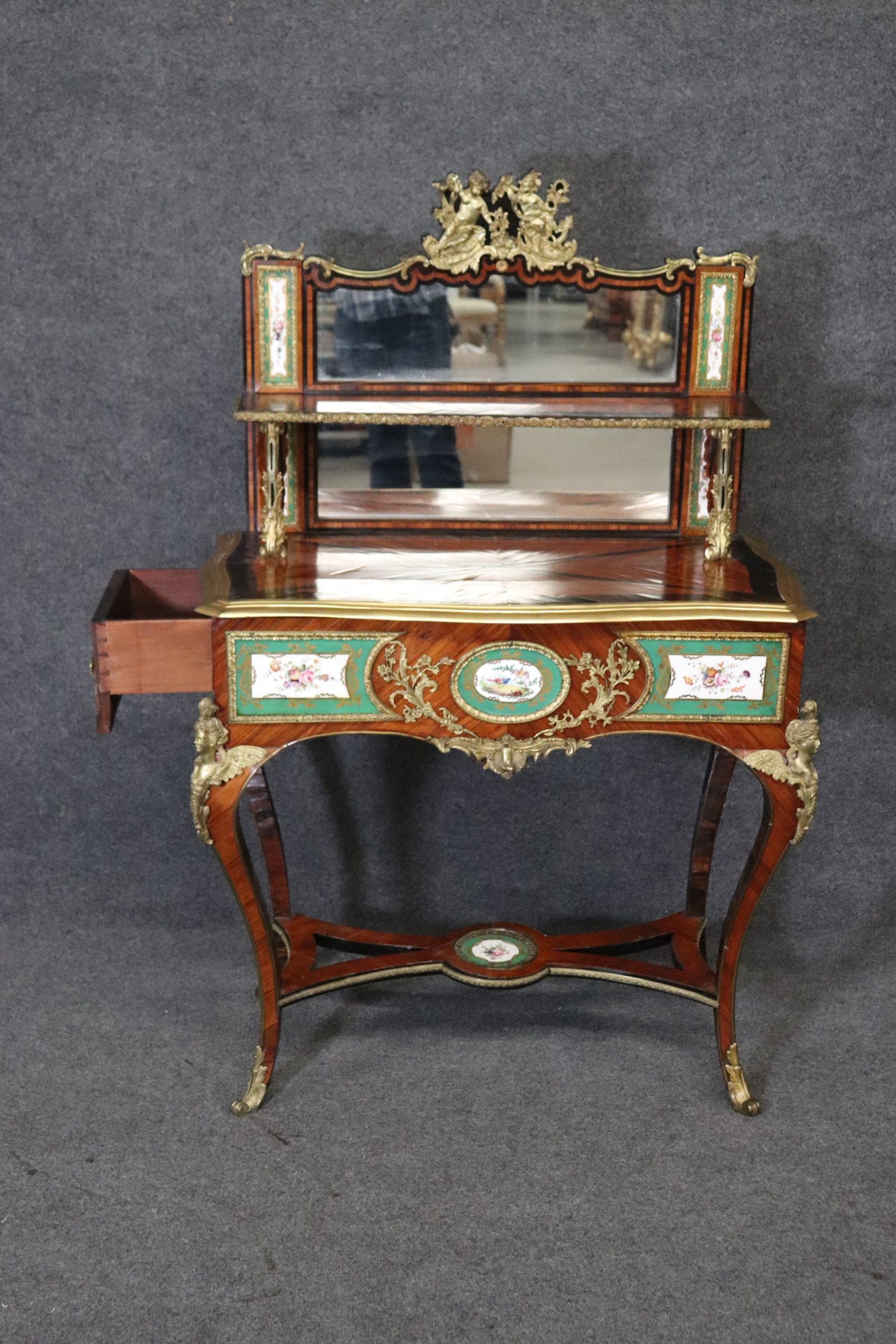 Antique 19th Century French Louis XV Style Bronze Mounted Vanity with Sevres Style Plaques, Antique Furniture - Image 6