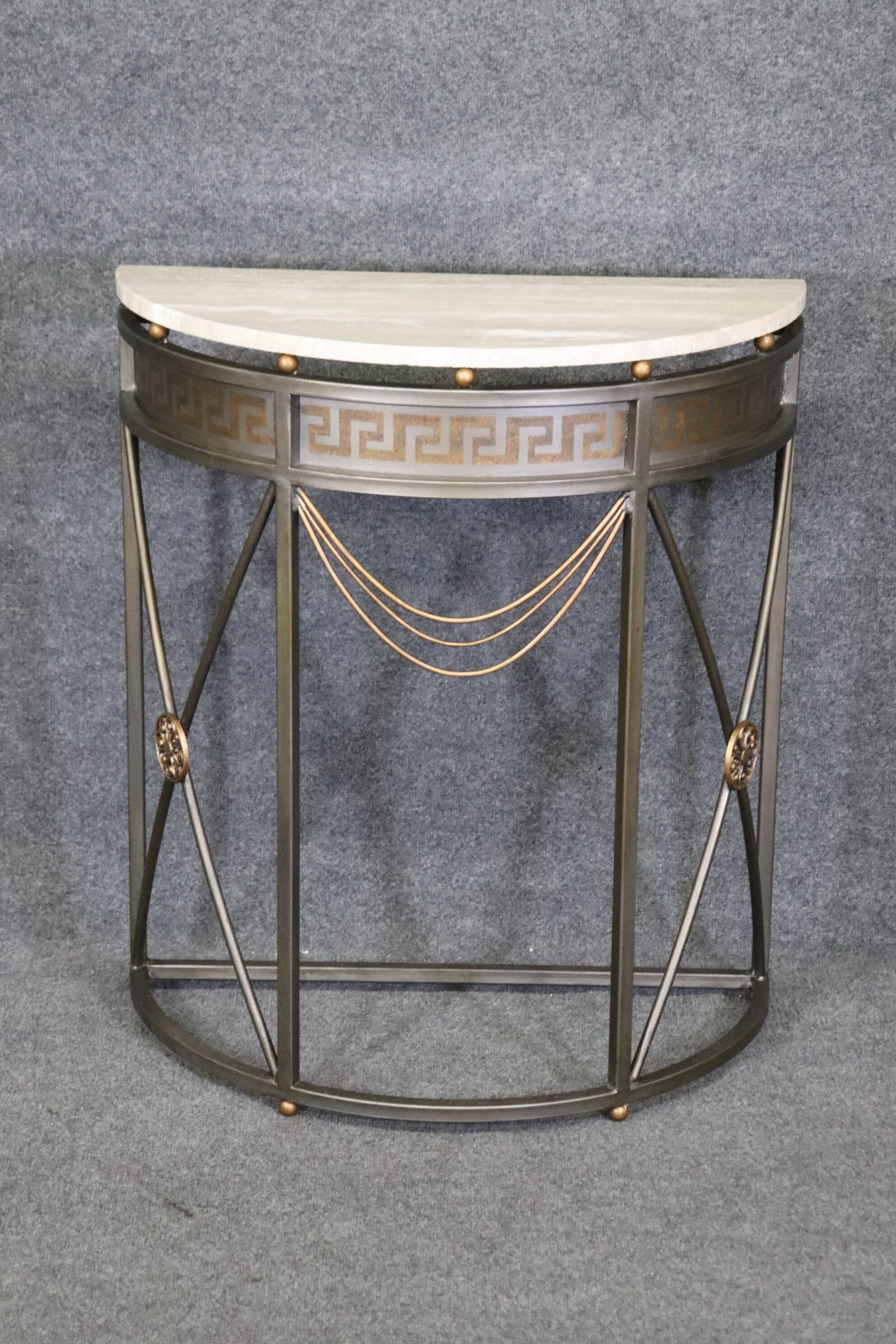 Hollywood Regency Style Travertine Top Demilune Console Table, Sofa Table - Image 2