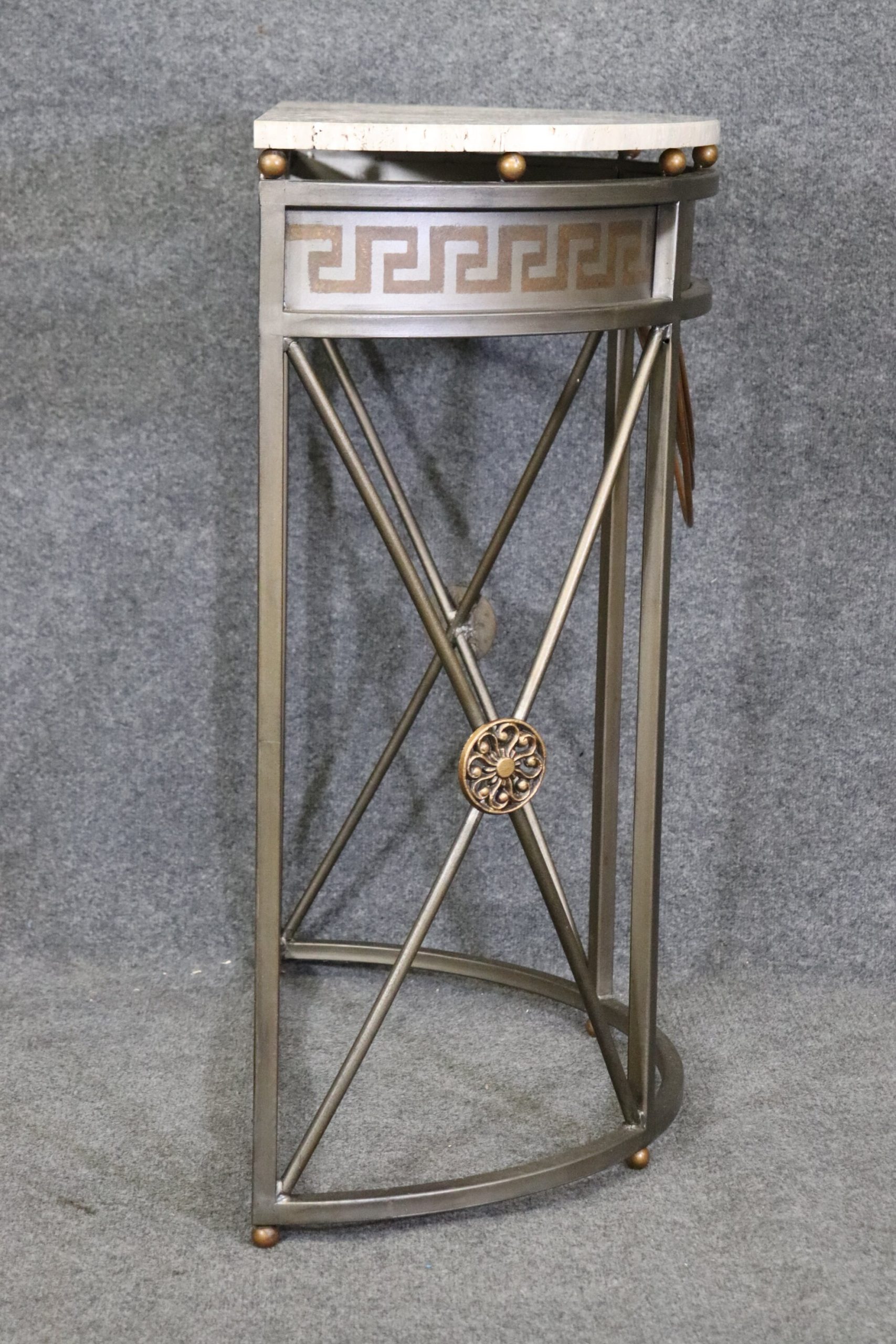 Hollywood Regency Style Travertine Top Demilune Console Table, Sofa Table - Image 3