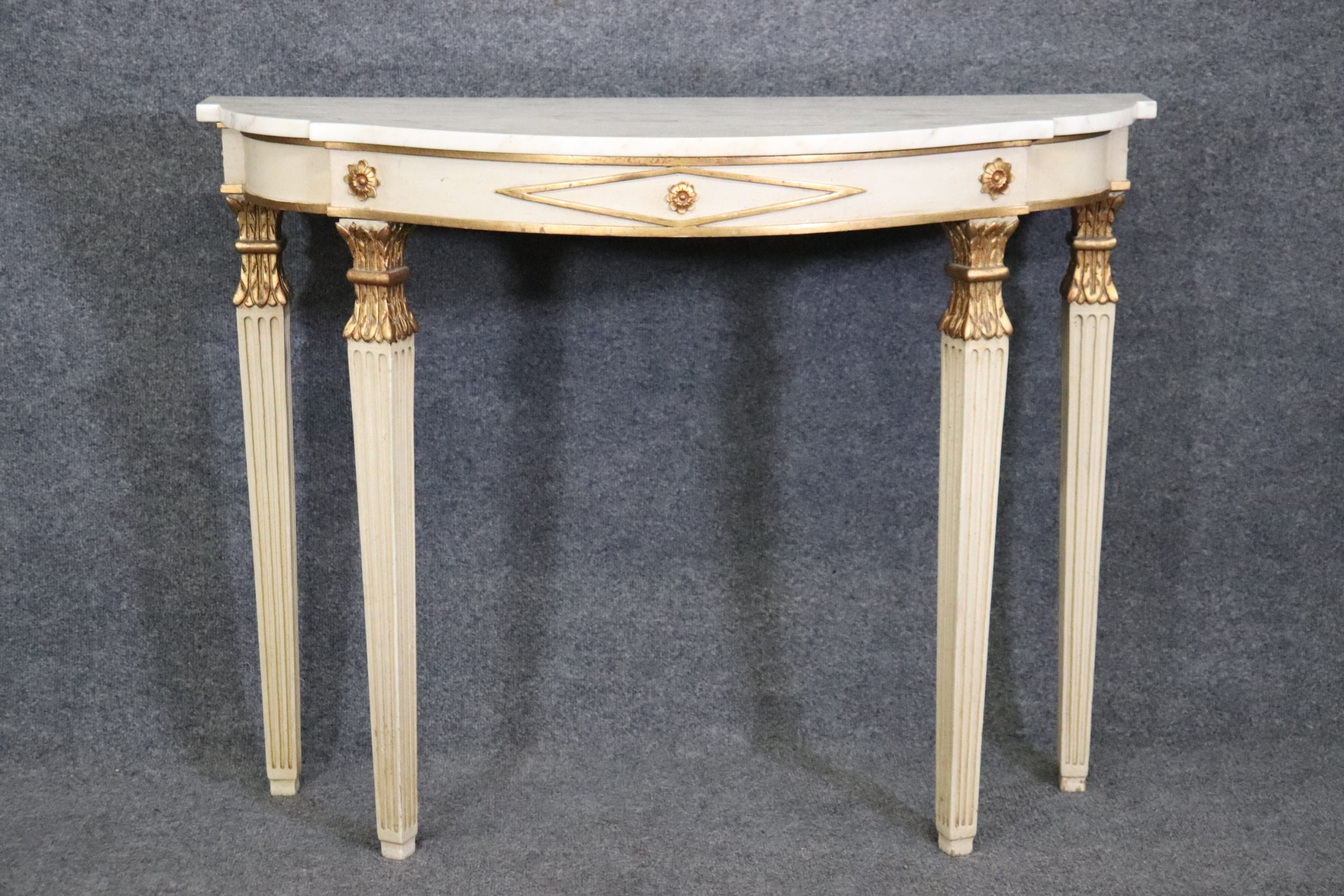 French Directoire Louis XVI Style White Paint Decorated Marble Top Demilune Console Table, Vintage - Image 2