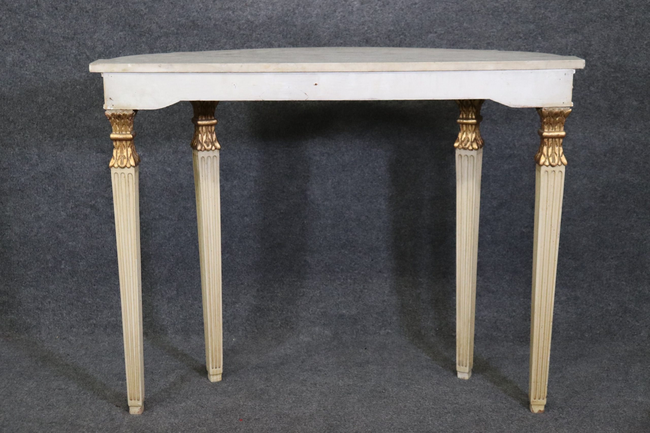 French Directoire Louis XVI Style White Paint Decorated Marble Top Demilune Console Table, Vintage - Image 4