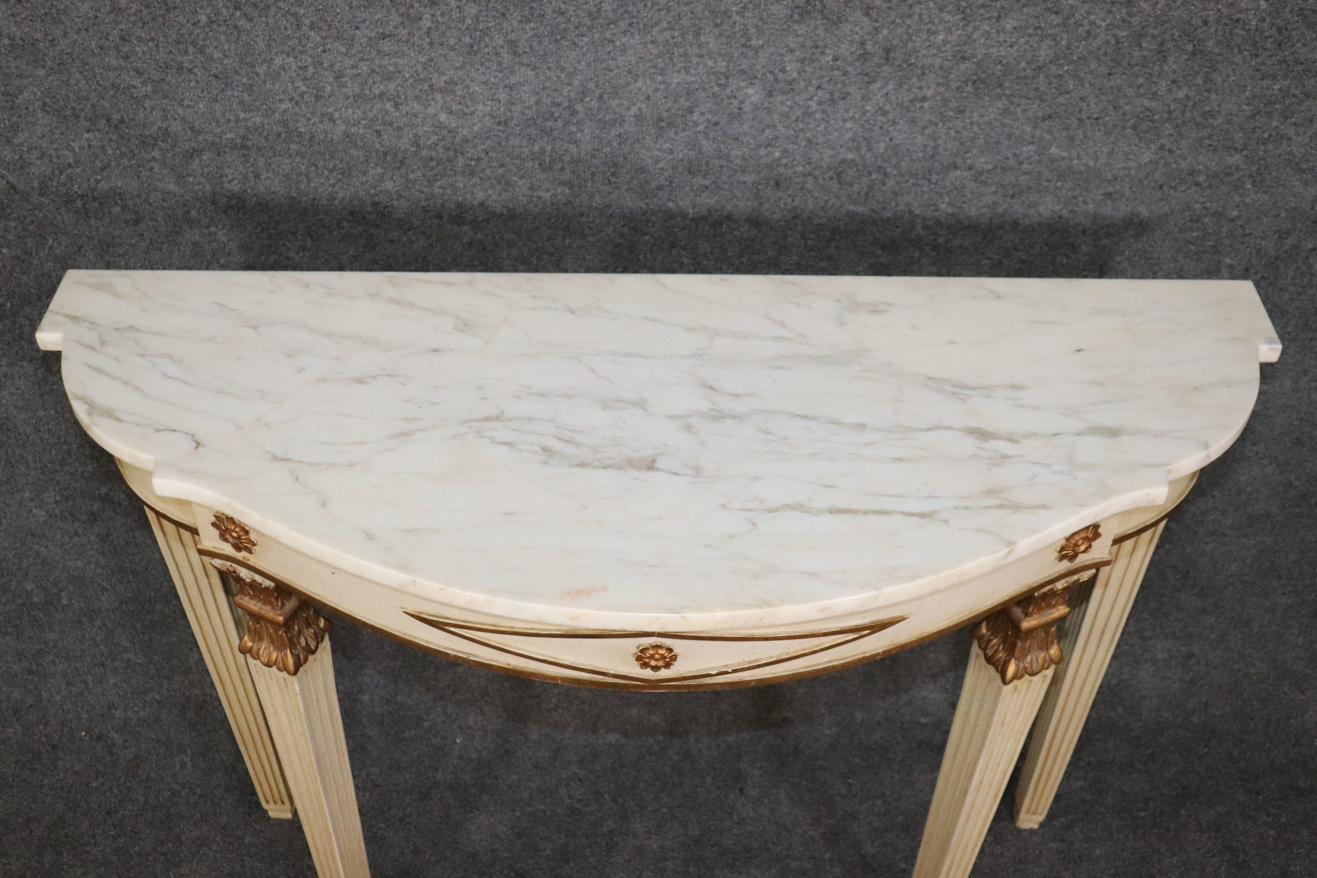 French Directoire Louis XVI Style White Paint Decorated Marble Top Demilune Console Table, Vintage - Image 6