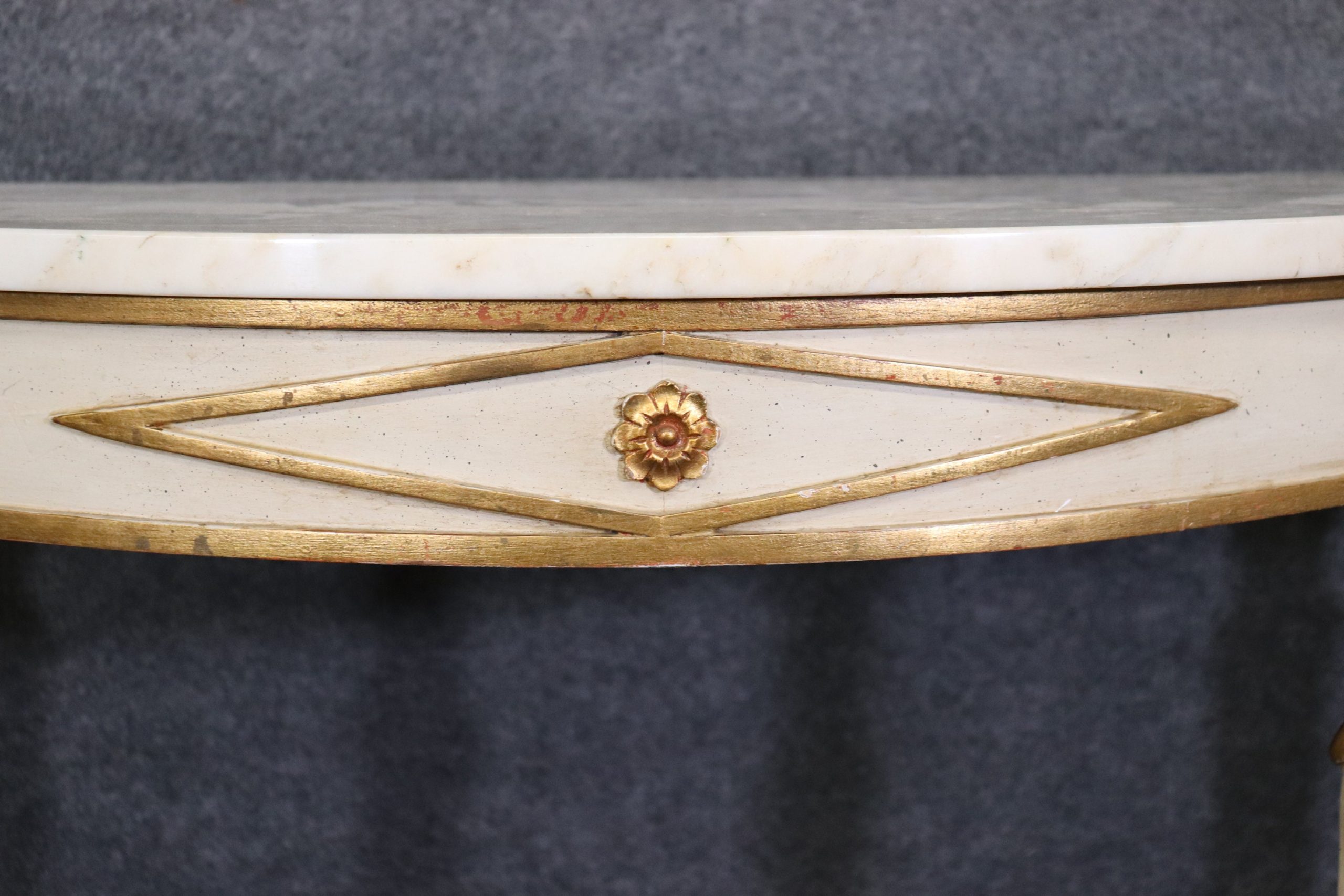 French Directoire Louis XVI Style White Paint Decorated Marble Top Demilune Console Table, Vintage - Image 8
