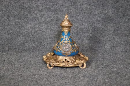 ON HOLDAntique Turn of the Century French 2 Piece Blue Opaline and Bronze Ormolu Perfume Bottle, Antique Bottle