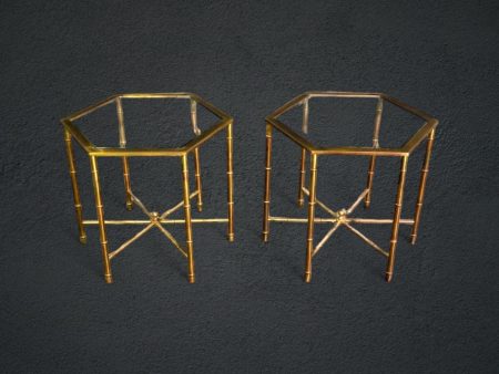 Pair of Mid Century Modern Bagues Style Faux Bamboo Glass Top End Tables, MCM