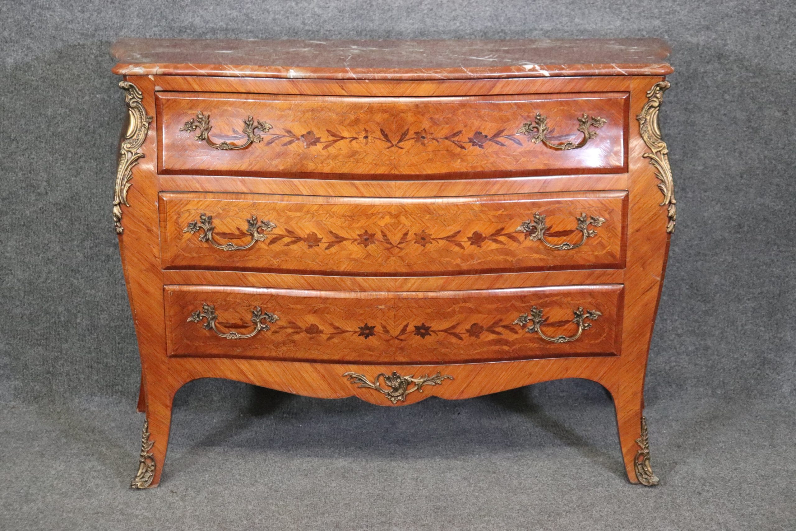 Vintage Louis XV Style Inlaid Marble Top 3 Drawer Commode, Vintage Decor - Image 2