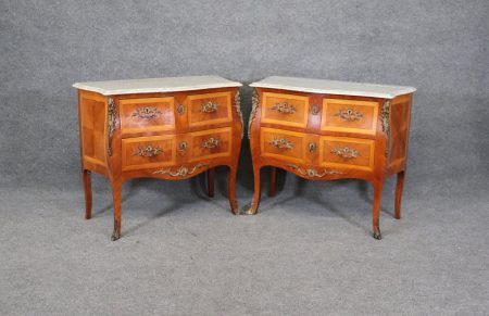 Pair of Louis XV Style Inlaid Marble Top Commodes, Nightstands
