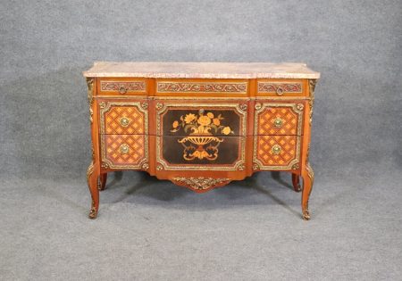 French Louis XV Style Marble Top Inlaid Commode, Antique Furniture