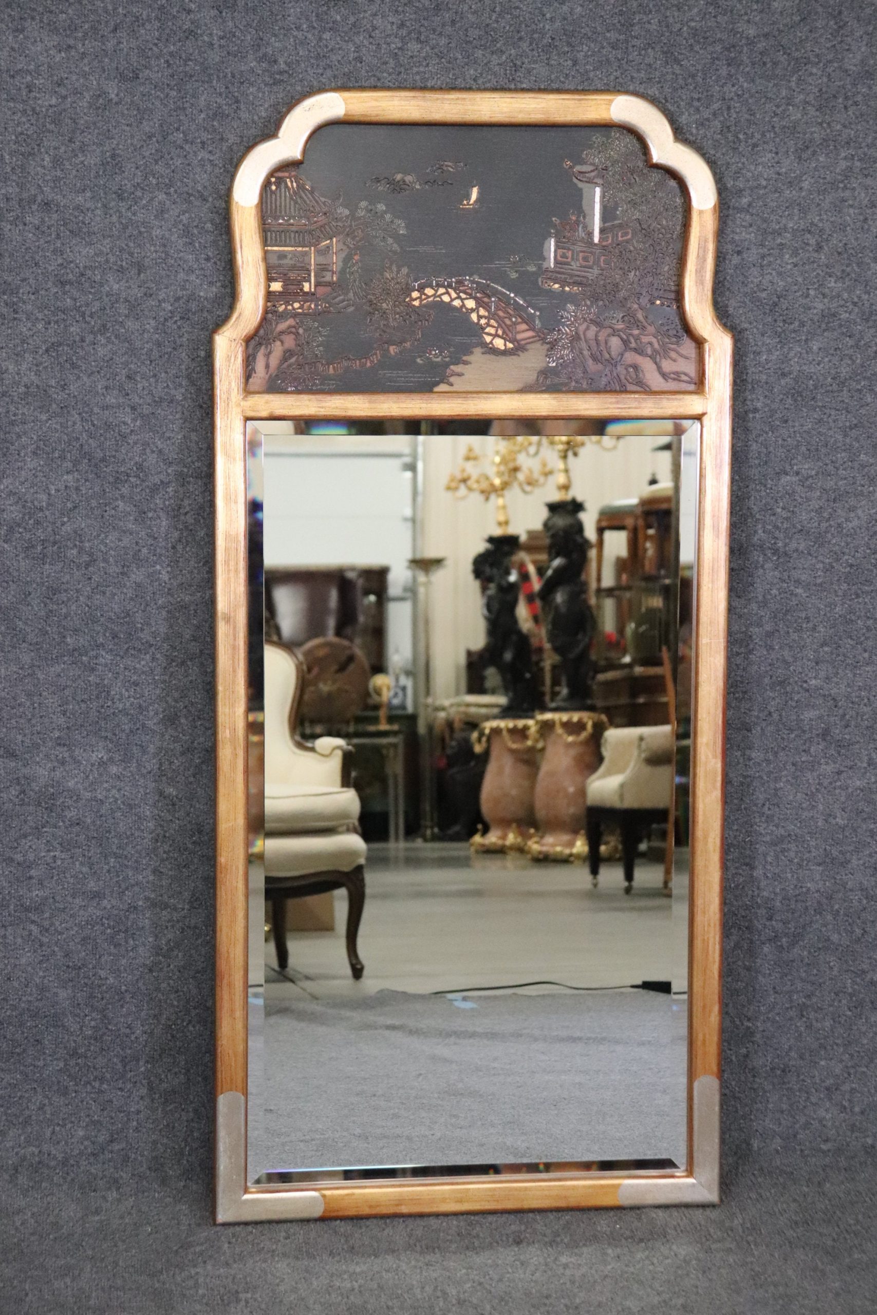 Mid Century LaBarge Beveled Glass Mirror with Japponed Chinoiserie Panel, Furniture - Image 2
