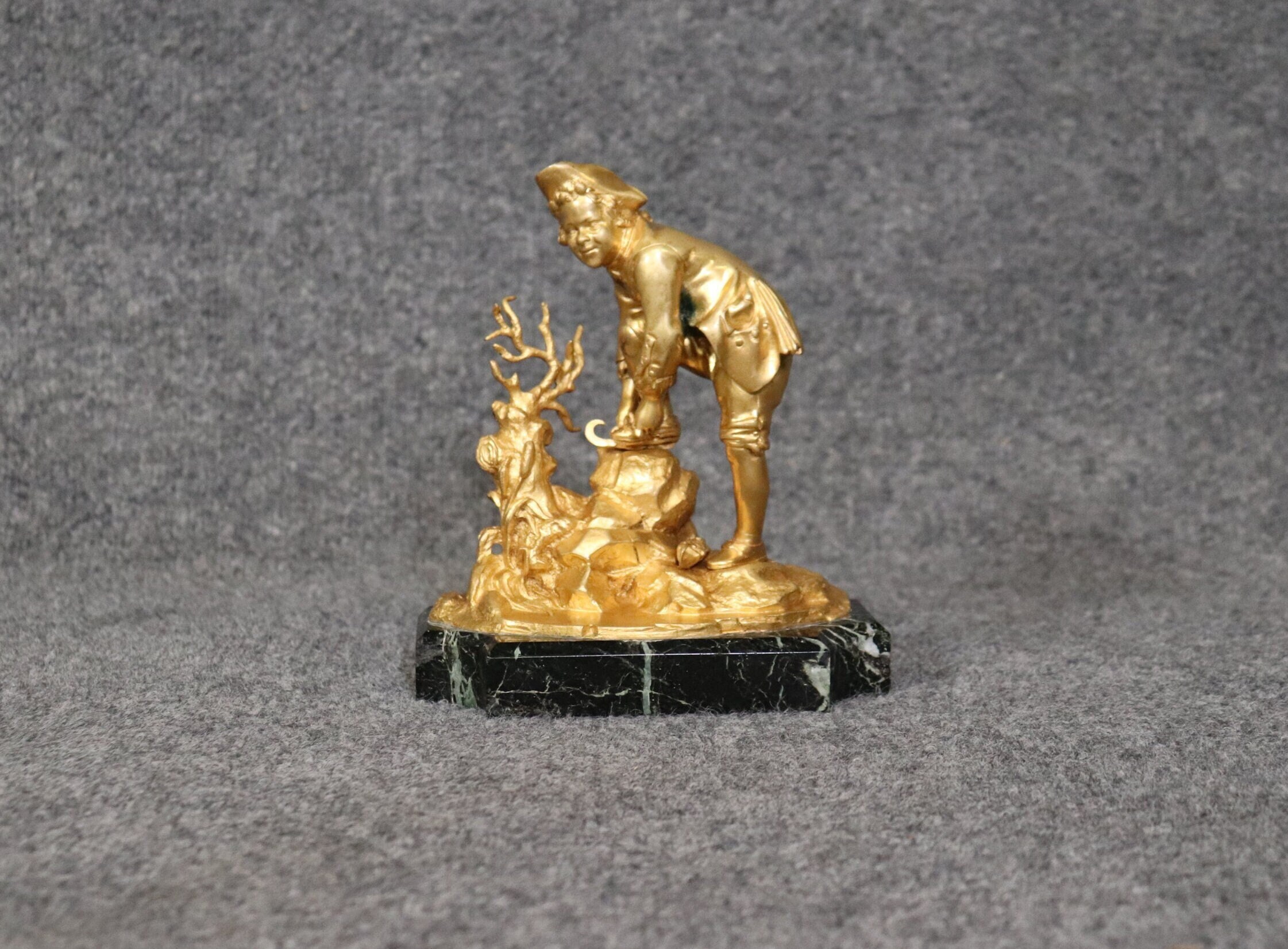 Late 19th Century Russian Bronze Ormolu Sculpture of a Boy on a Marble Base, Antique Art