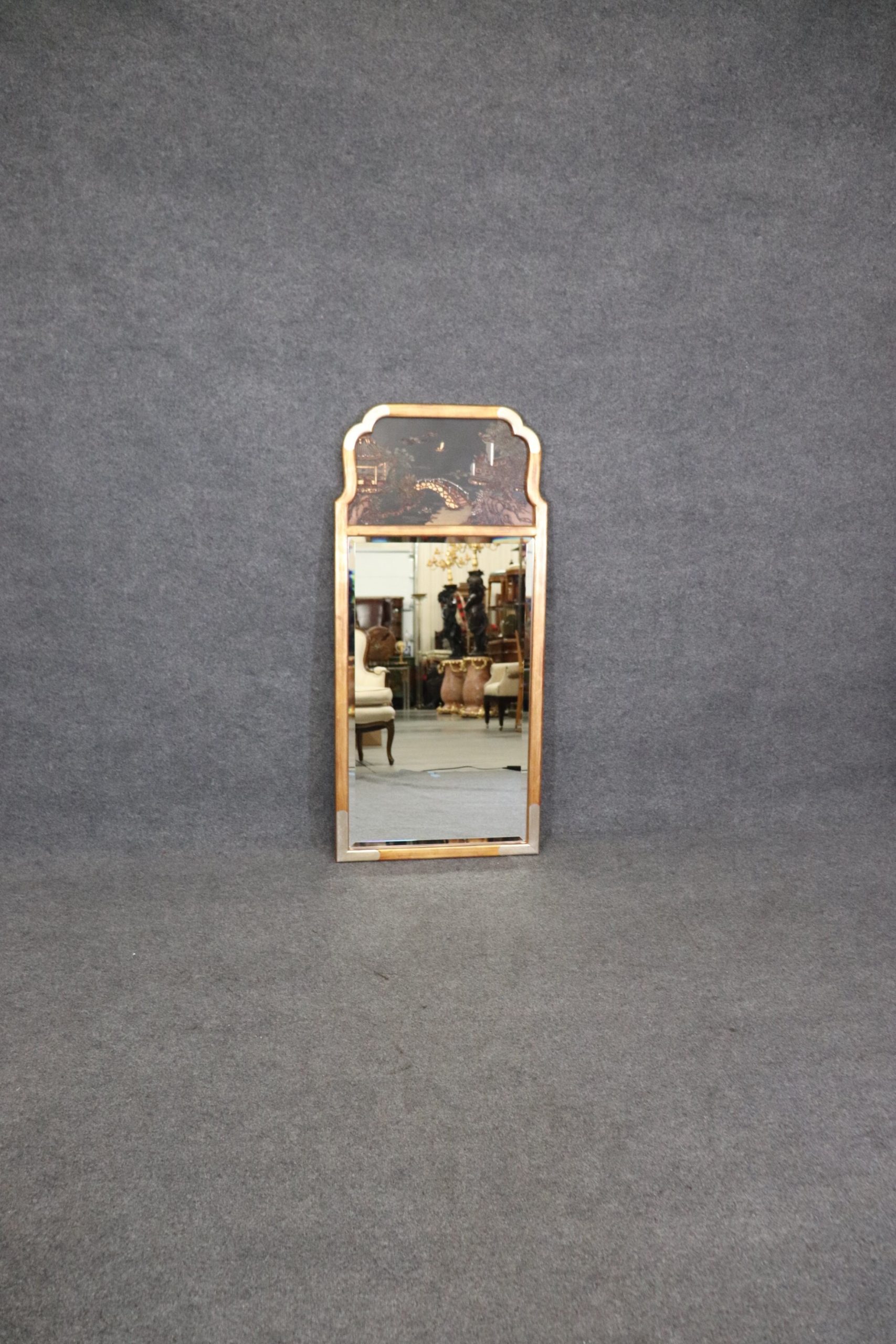 Mid Century LaBarge Beveled Glass Mirror with Japponed Chinoiserie Panel, Furniture