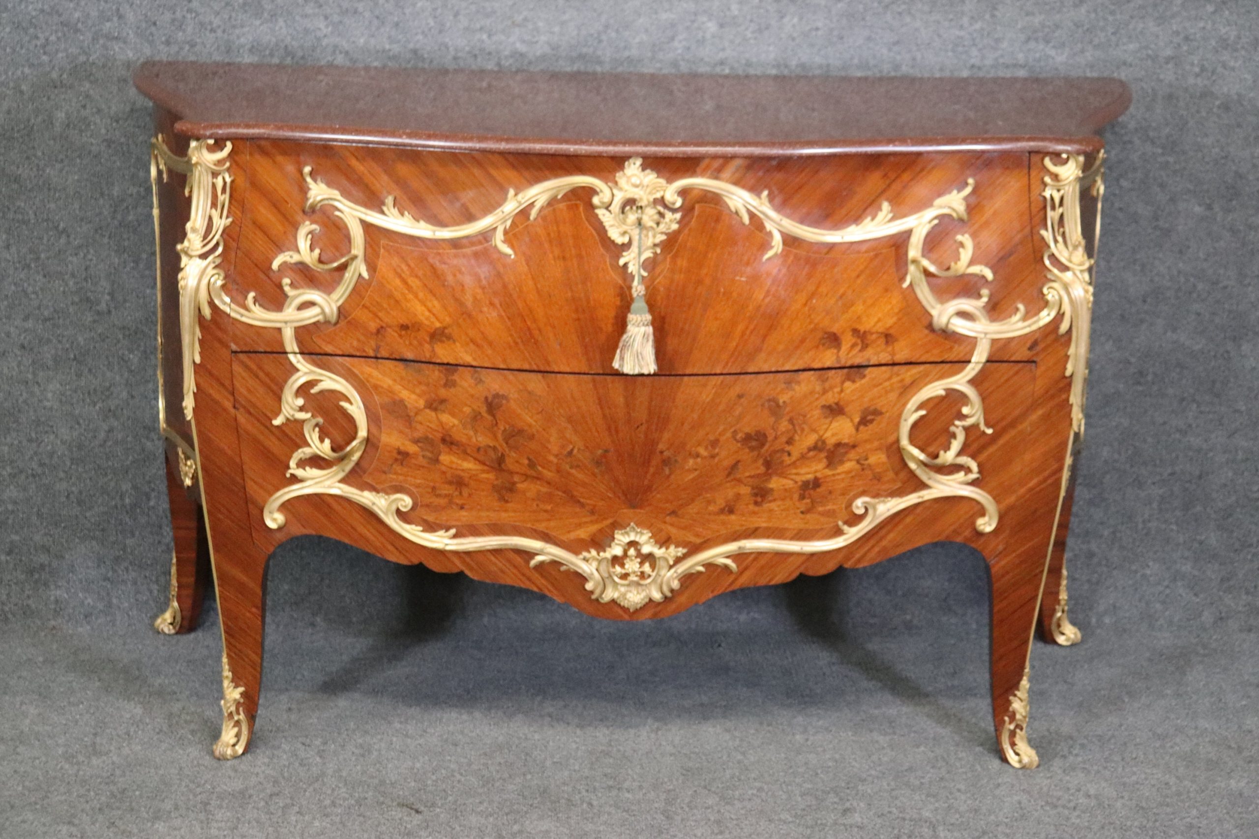 19th C. French Louis XV Style Bronze Ormolu Mounted Marble Top Kingwood Commode, Chest of Drawers - Image 2