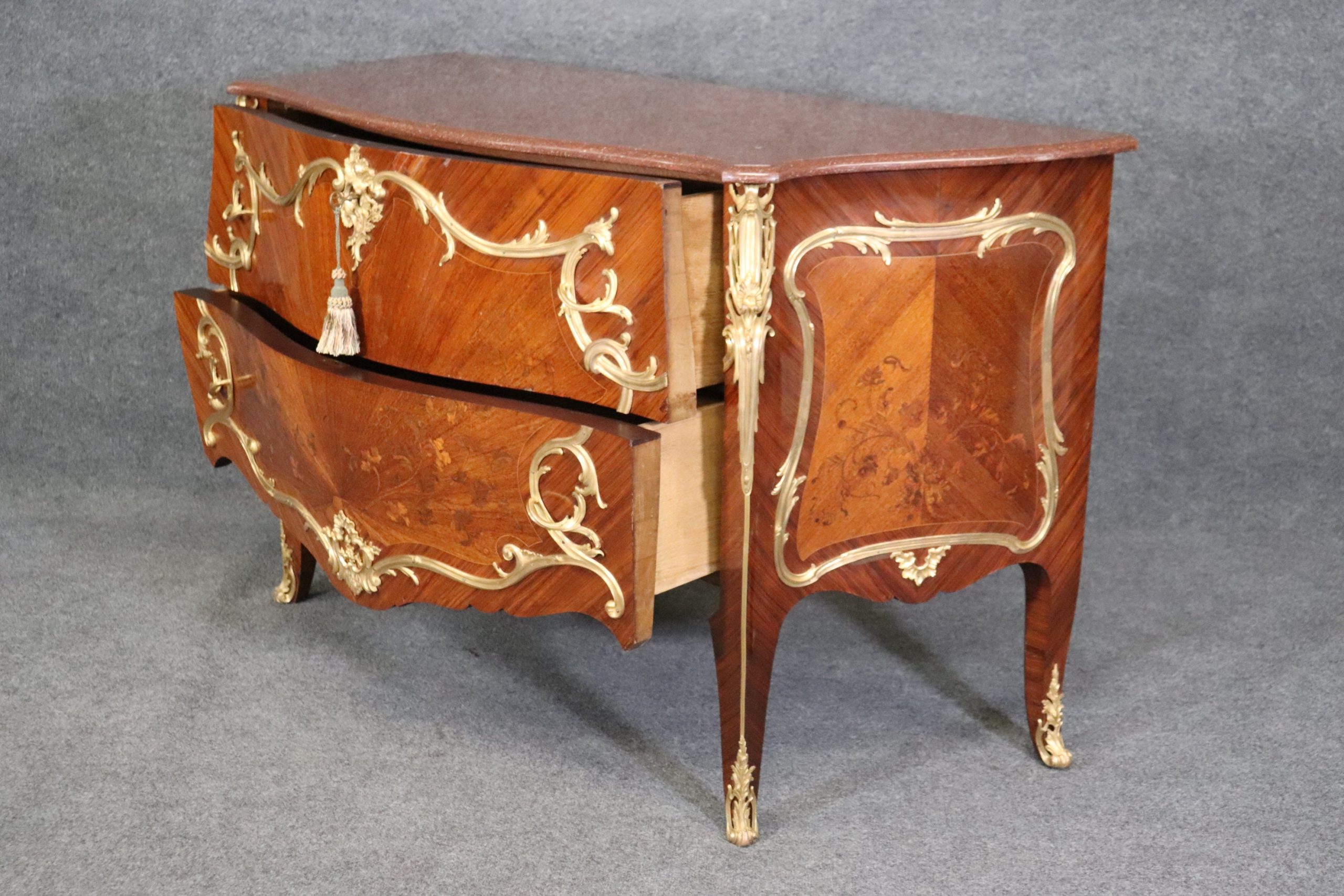 19th C. French Louis XV Style Bronze Ormolu Mounted Marble Top Kingwood Commode, Chest of Drawers - Image 3