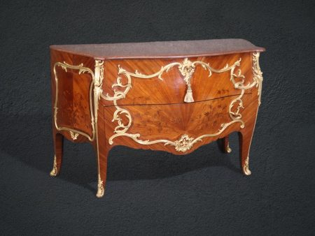 19th C. French Louis XV Style Bronze Ormolu Mounted Marble Top Kingwood Commode, Chest of Drawers
