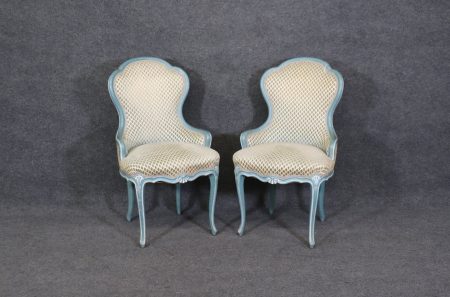 Pair of Vintage Louis XV Style Blue Paint Decorated Side Chairs, Parlor Chairs