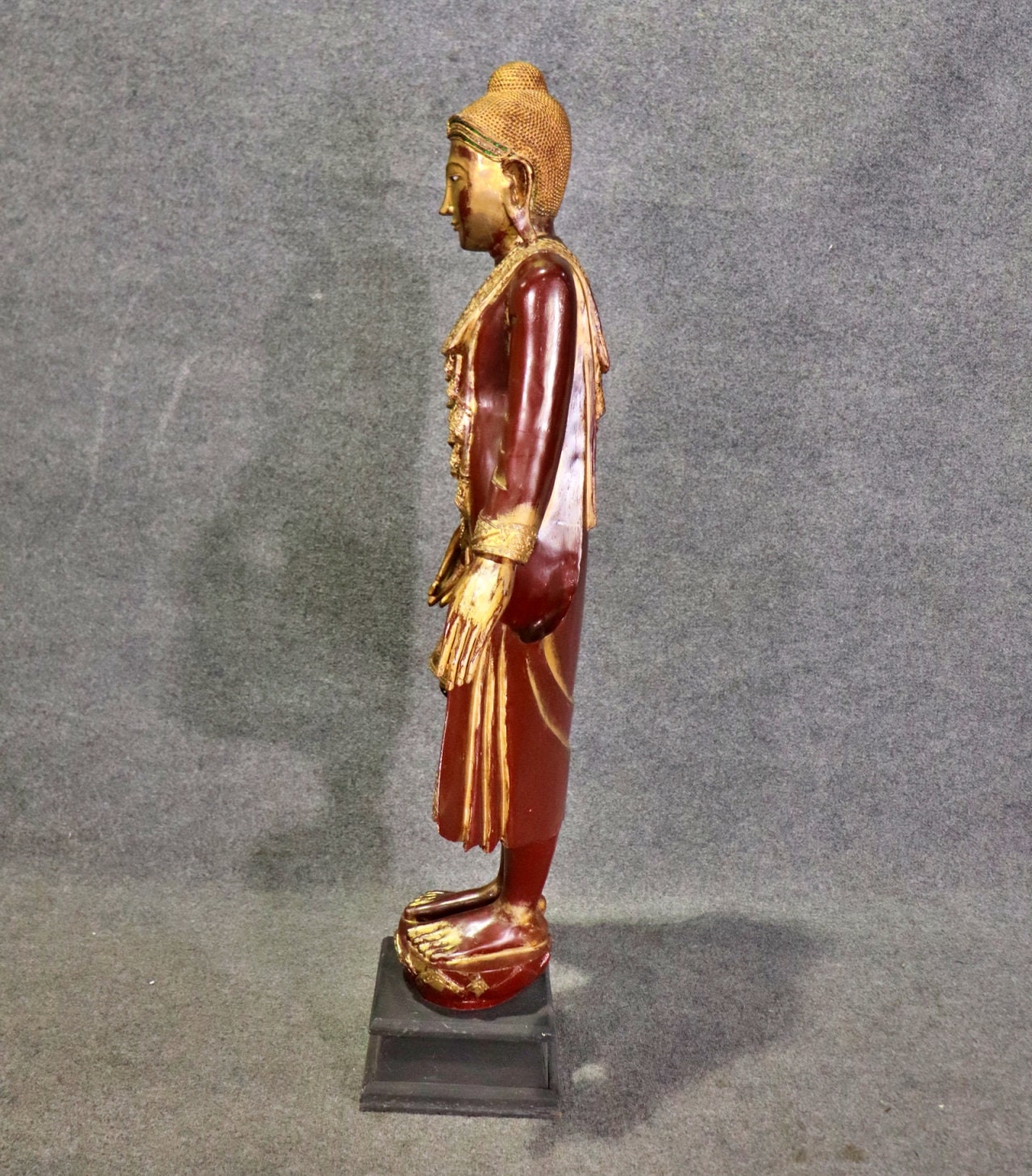 Antique Distressed Gilt and Polychrome Carved Figural Mandalay Statue, Antique Decor - Image 10