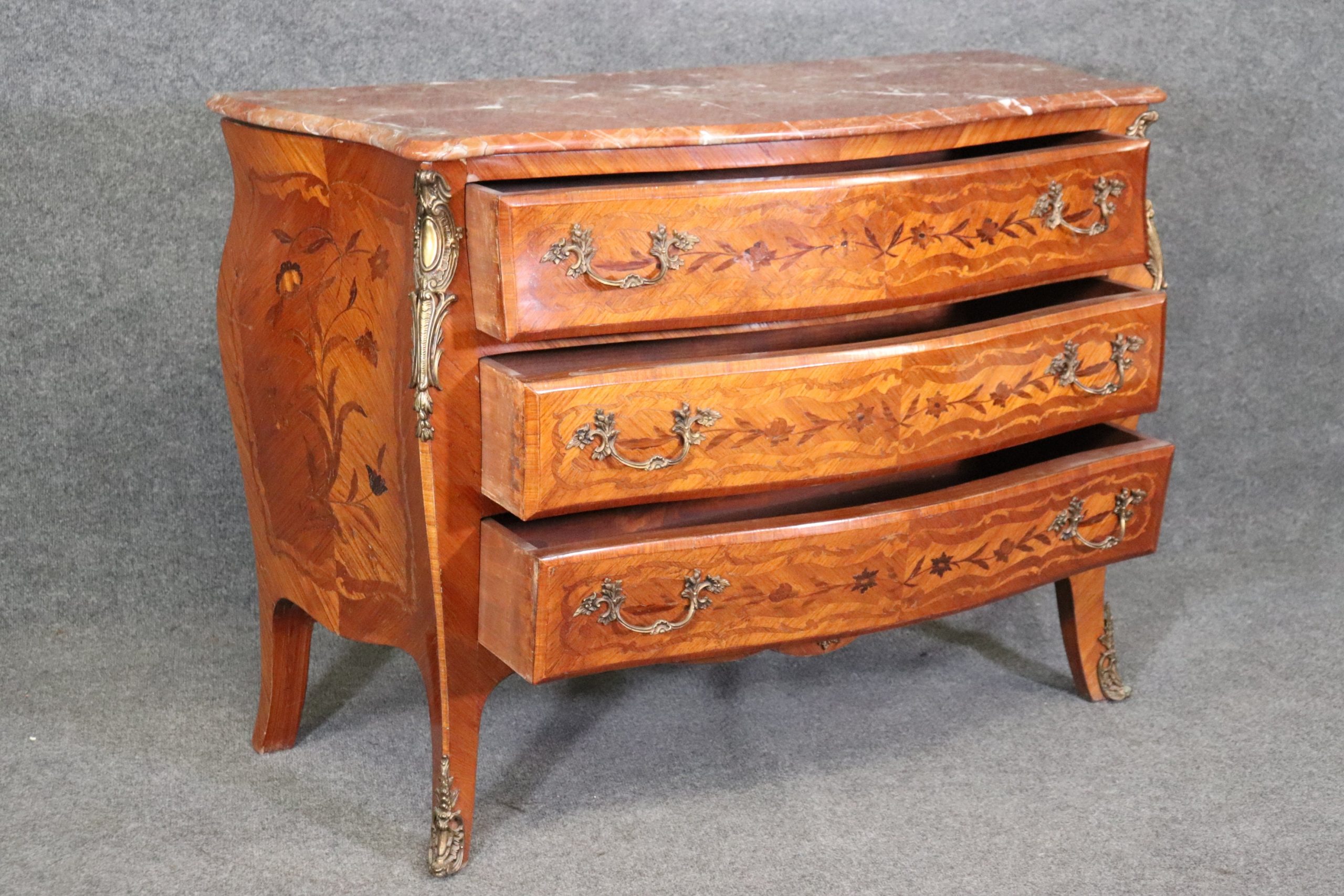 Vintage Louis XV Style Inlaid Marble Top 3 Drawer Commode, Vintage Decor - Image 5