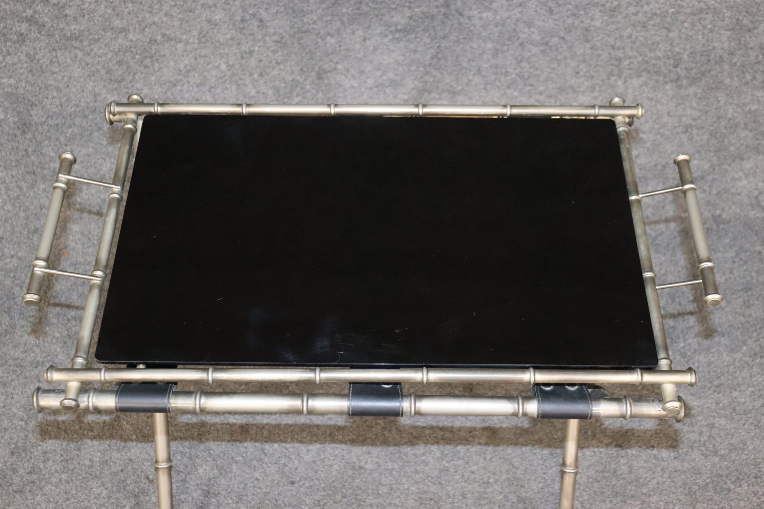 Mid Century Jacques Adnet Style Faux Bamboo Smoked Glass Tray with Stand, MCM - Image 7