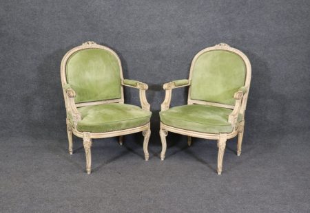 Vintage Pair of Louis XV Style Creme Distressed Paint Decorated Armchairs, Fauteuils
