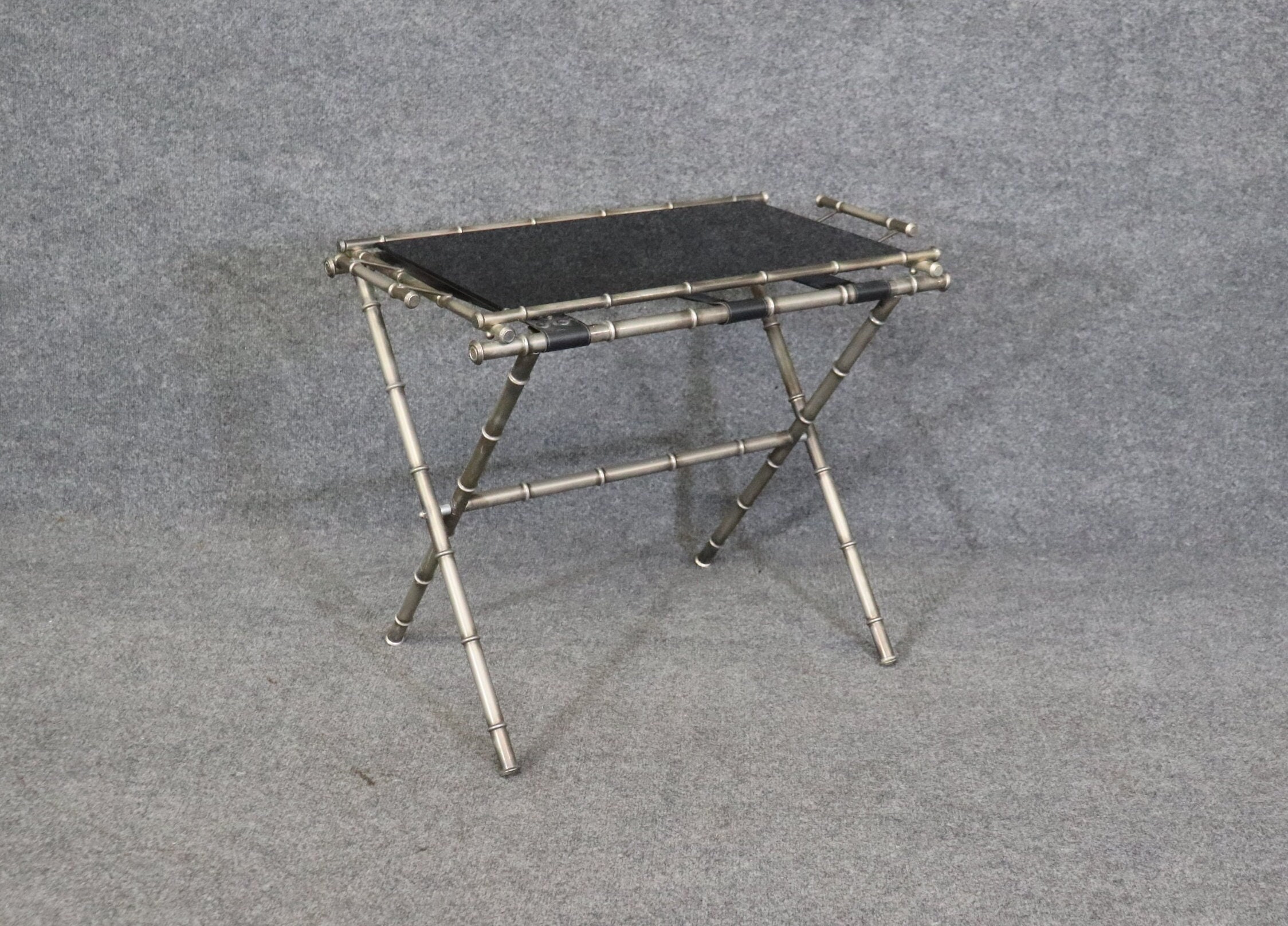 Mid Century Jacques Adnet Style Faux Bamboo Smoked Glass Tray with Stand, MCM