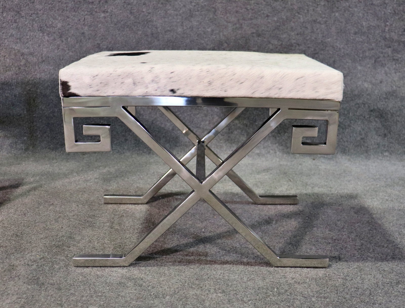 Pair of Jean Michel Frank style Greek Key Upholstered X Benches, Mid Century Modern - Image 6