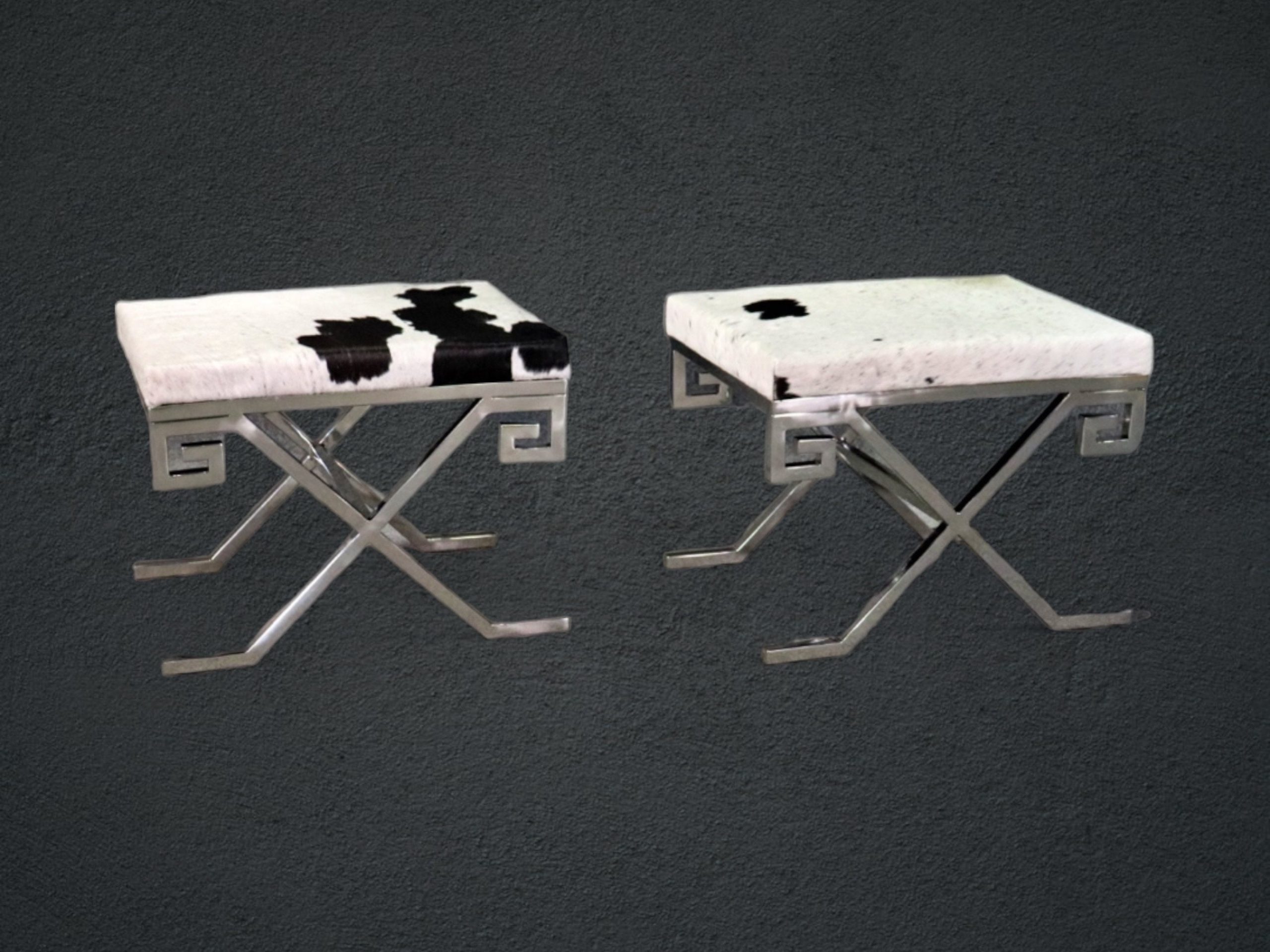 Pair of Jean Michel Frank style Greek Key Upholstered X Benches, Mid Century Modern