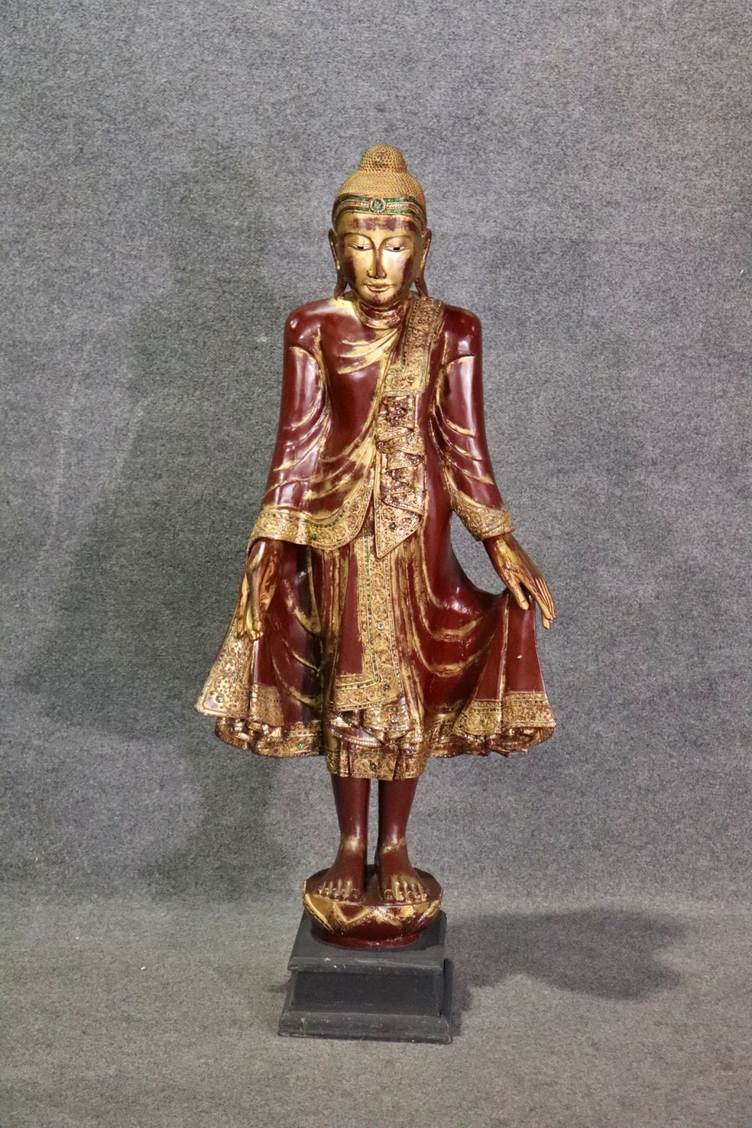 Antique Distressed Gilt and Polychrome Carved Figural Mandalay Statue, Antique Decor - Image 2