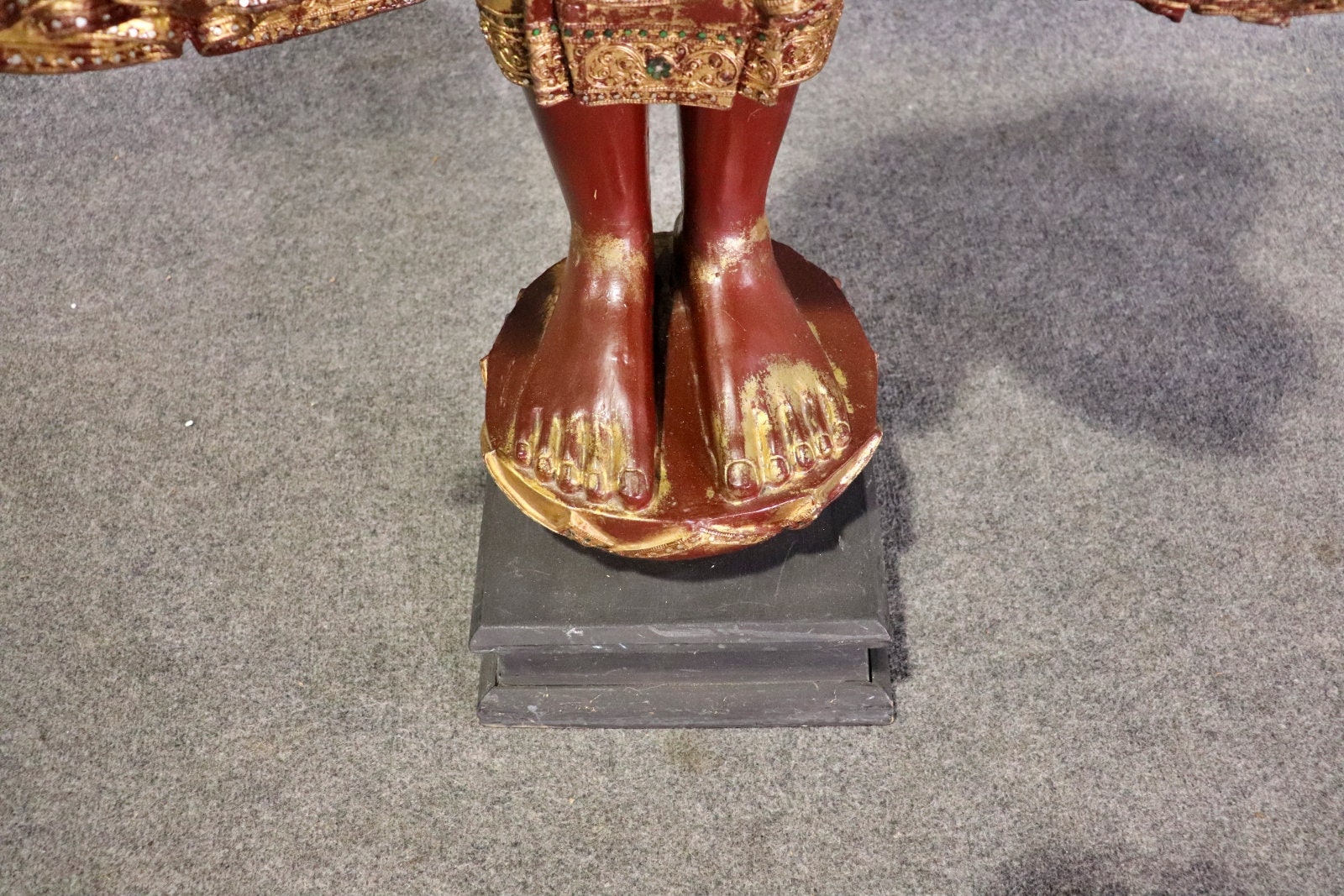 Antique Distressed Gilt and Polychrome Carved Figural Mandalay Statue, Antique Decor - Image 6