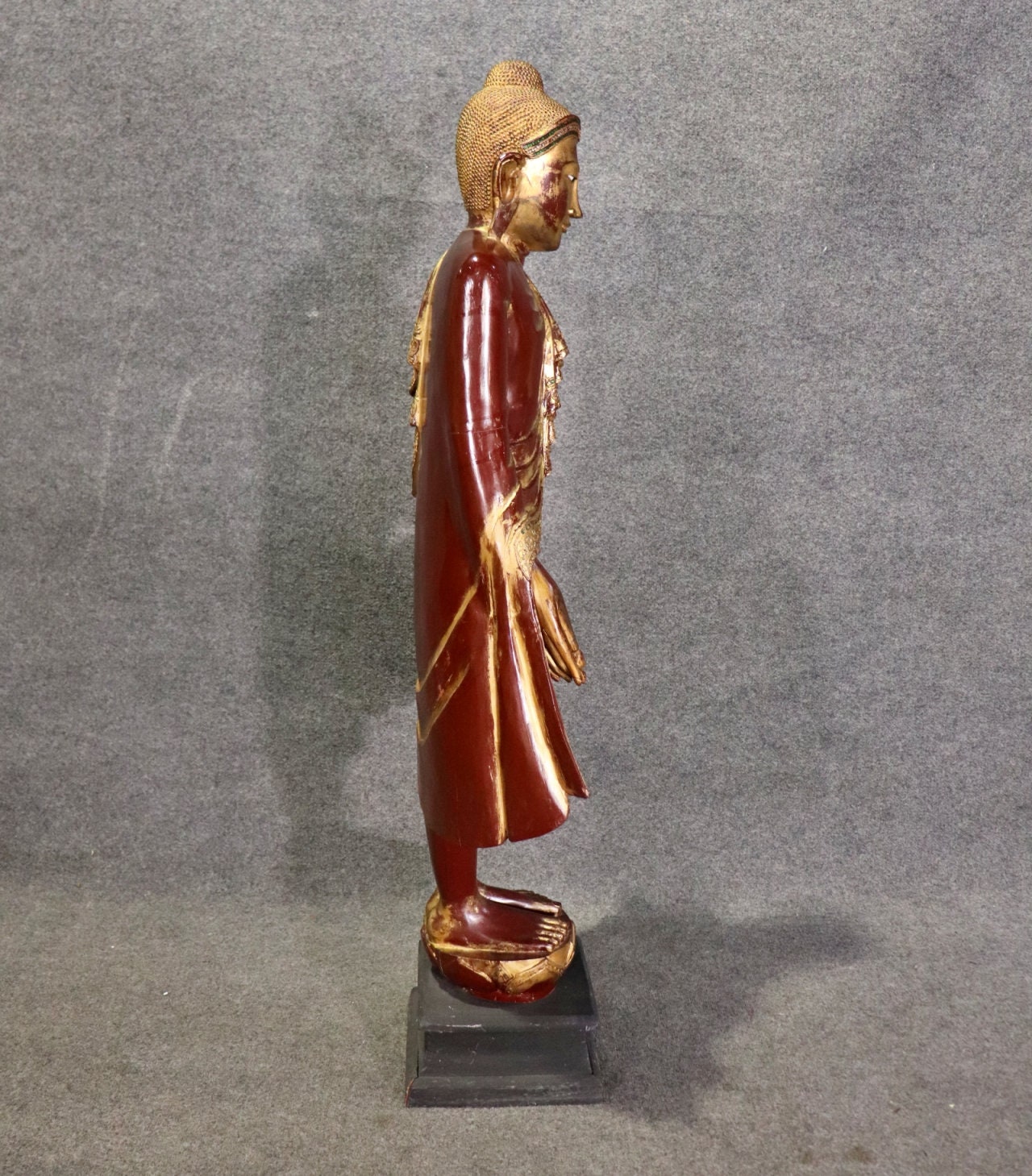 Antique Distressed Gilt and Polychrome Carved Figural Mandalay Statue, Antique Decor - Image 7