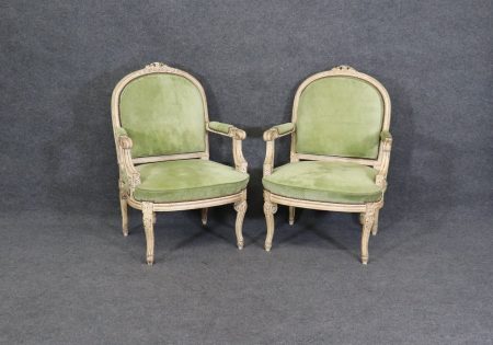 Pair of Louis XV Style Creme Distressed Armchairs, Fauteuils