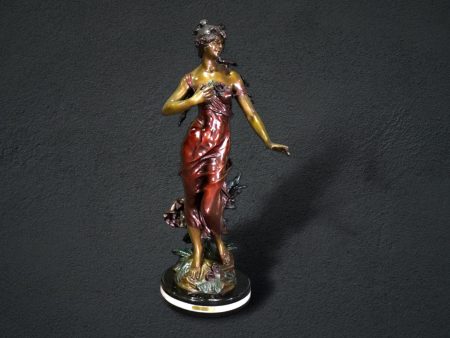 Signed Auguste Moreau Figural Polychromed Bronze Sculpture of a Woman, Antique Sculpture