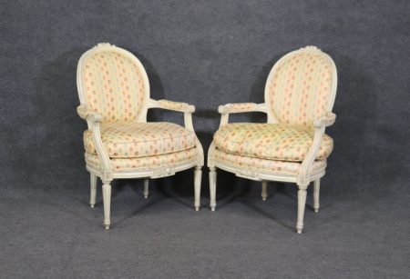 Pair of Antique Louis XVI Style Creme Paint Decorated Armchairs, Pair Chairs