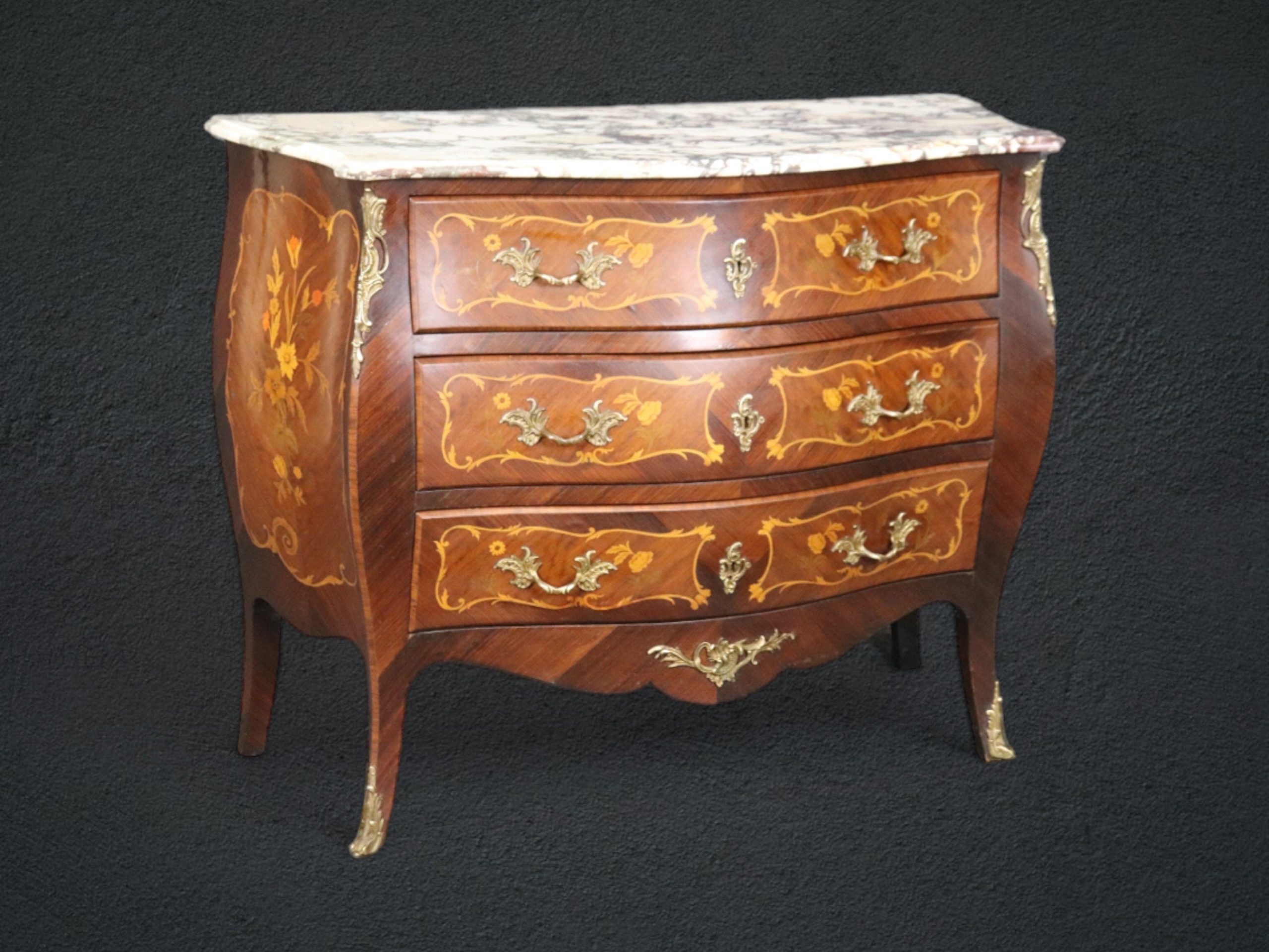 Louis XV Style Inlaid Marble Top Commode, Chest of Drawers