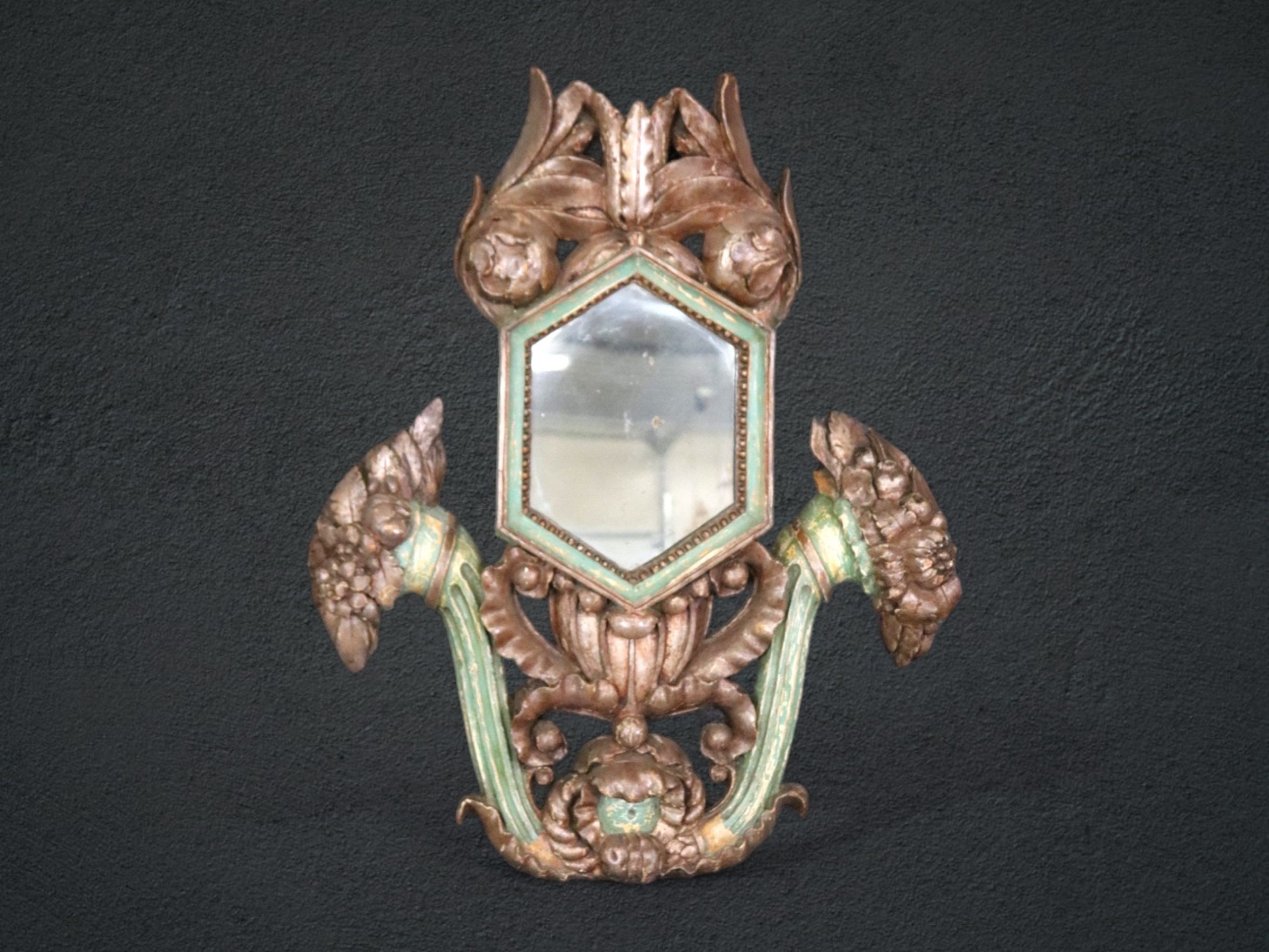 18th C Antique Carved French Louis XV Paint Decorated Wall Mirror Hanging Mirror, Antiques