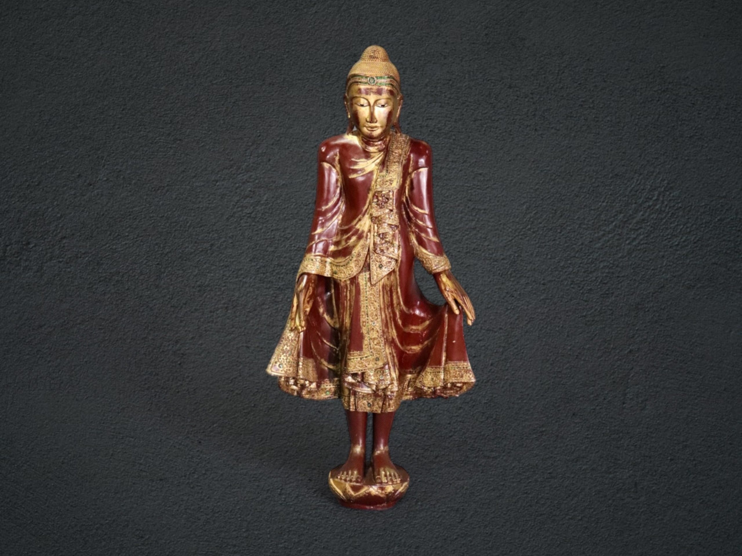 Antique Distressed Gilt and Polychrome Carved Figural Mandalay Statue, Antique Decor